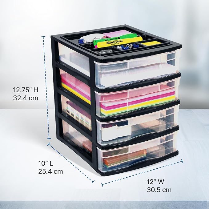 Gracious Living 4 Drawer Desktop & Countertop Organizer w/Organization Lid for Craft Storage, Office Supplies & School Supplies, Black/Clear (3 Pack) - Image 3