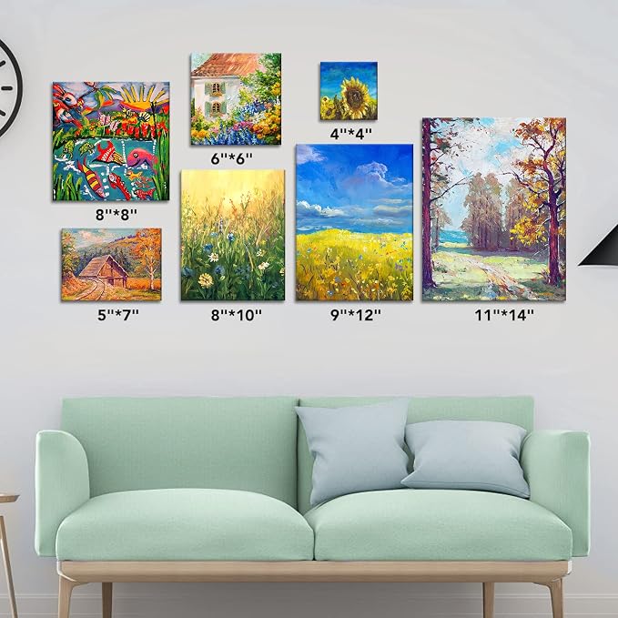 ESRICH Canvases for Painting, 36 Pack Canvas Boards 4x4, 6x6, 8x8, 5x7, 8x10, 9x12, 11x14, Round Canvas Panels with 8x8,10x10-Cotton Primed Blank Large Canvases for Acrylic, Oil, Gouache & Tempera. - Image 5