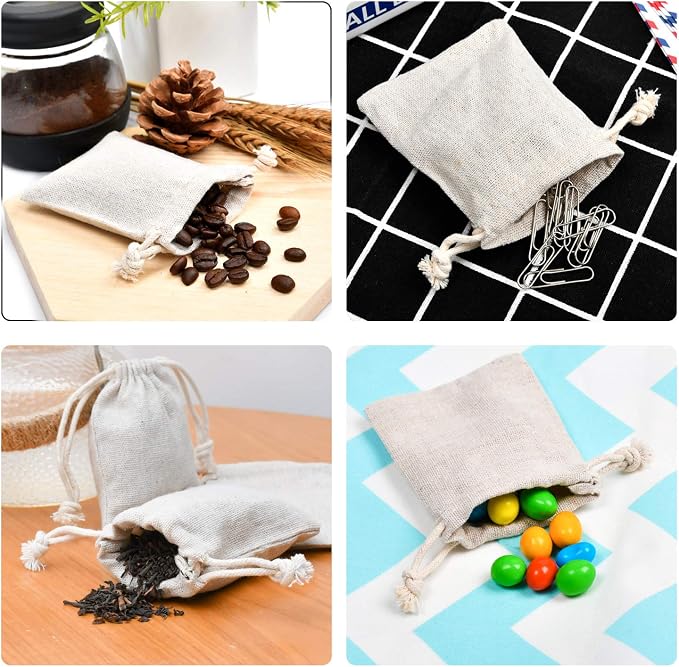 calary 100pcs Double Canvas Drawstring Bag Cotton Pouch Gift Sachet Bags Muslin Bag Reusable Tea Bag - Image 4