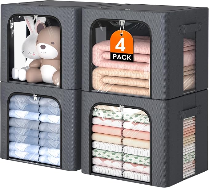 4 Pack Clothes Storage Bins with Metal Frame, Light Grey, 40L | Foldable Storage Boxes with Clear Window, Front & Top Zipper Openings, Stackable Organizer with Handles for Closet & Bedroom by EpicTotes