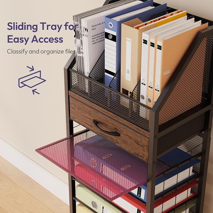 SWTYMIKI 9-Tier Rolling File Cart - Paper Organizer with Drawer and Trays, Wood Desk Office Organizer, Office Organization and Binder Storage for Workspace, Home, School, Espresso - Image 4
