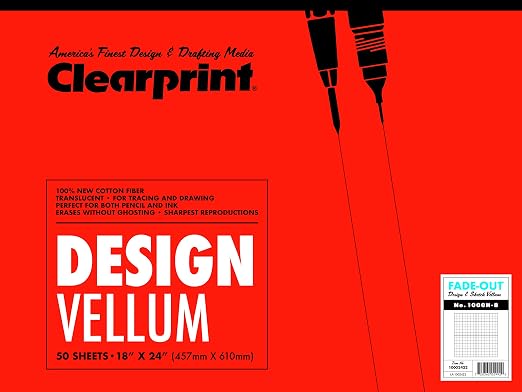 Clearprint 18" x 24" 1000H Design Vellum Pad with Printed Fade-Out 8x8 Grid, 16 lb., 100% Cotton, 50 Sheets, 1 Each by Clearprint