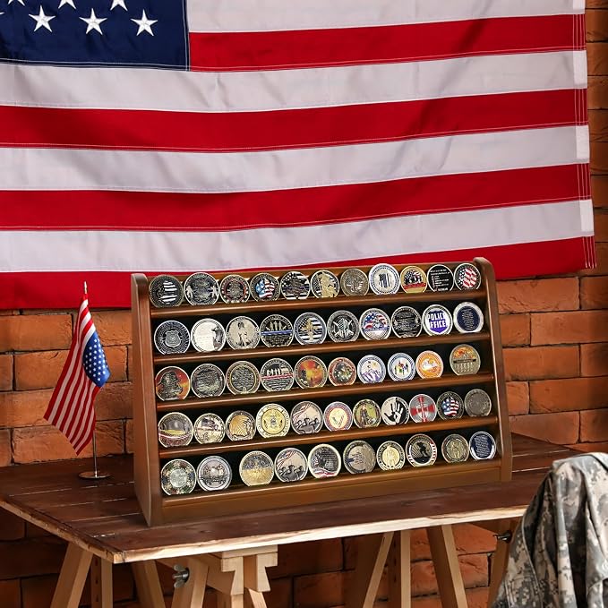 ASmileIndeep 5 Rows Challenge Coin Holder Display Stand Holds 50 Coins for Wall Mount or Tabletop, Solid Wood Military Coin Rack Display Case for Collectibles, Walnut - Image 7