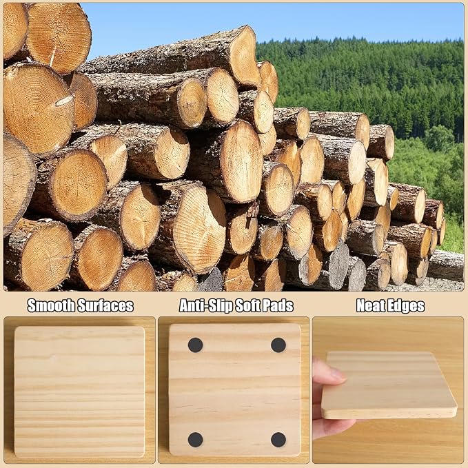 60 Pack 4 Inch Unfinished Square Wood Coasters with Non Slip Pad | Natural Wood Coasters, Blank Wooden Coaster for Crafts DIY Laser Engraving Stained Burning Painting, Home Wedding Table Decor - Image 3