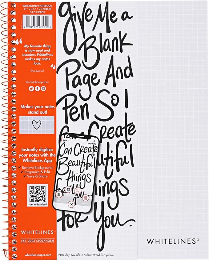 ROARING SPRING Whitelines Spiral Graph Ruled Notebook, Digitally Download Your Notes with FREE App, Premium Gray Paper, 11" x 8.5" 70 Sheets by RoaringSpringPaperProducts