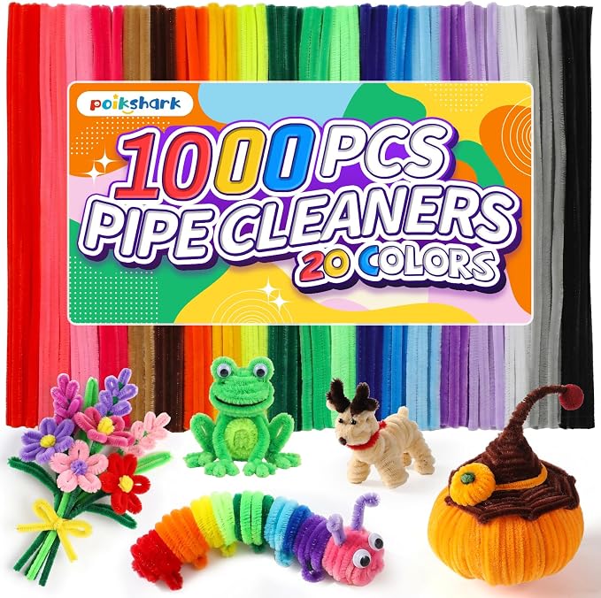 POIKSHARK 1000 PCS 20 Colors Quality Pipe Cleaners Bulk, Thick Pipe Cleaners Craft for DIY Craft Projects, Multicolored Limpia Pipas for Art Supplies & Materials, Rainbow Chenille Stems(12inch*6mm) by POIKSHARK
