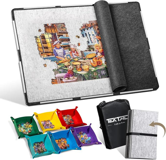 Tektalk 2000 Pieces Foldable Jigsaw Puzzle Board, Felt Puzzle Mat with Non-Slip Surface & 6 Colored Sorting Trays, Portable Puzzle Storage Saver by Tektalk