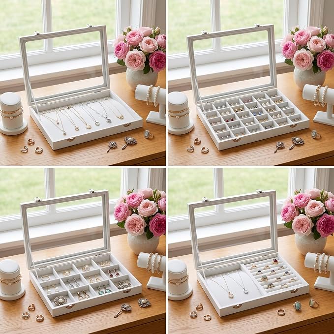 Leinuosen Jewelry Organizer Tray Set of 4 Stackable Wood Velvet,Beige | Large Jewelry Tray with Lid Glass, Velvet Lined, Dust-proof Necklaces Earrings Bracelet Ring Storage Display Drawer Box Case - Image 3