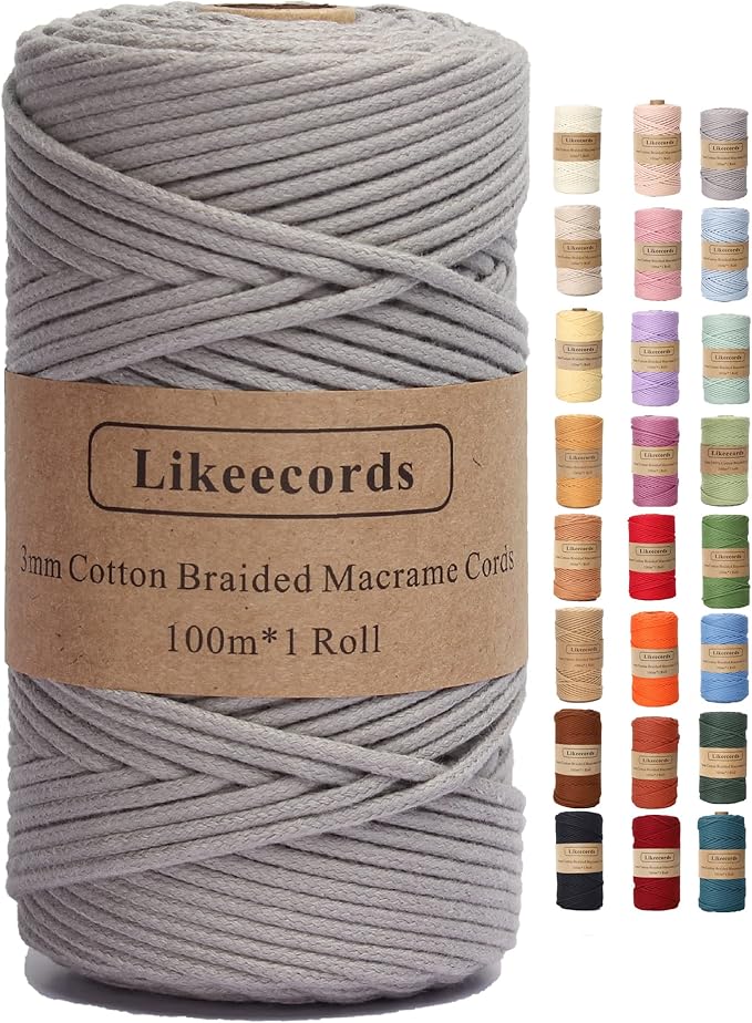 Braided Cotton Cord 3mm×109 Yards Natural Macrame Cotton Cord Bohemia Macrame Rope for Handmade Plant Hangers Wall (Gray) by Likeecords
