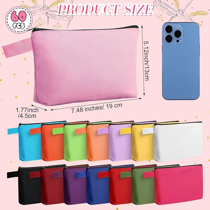 Reginary 60 Pcs Canvas Makeup Bag Bulk,9.8 X 5 X 2 Inch,Multicolor | Portable Cosmetic Pouch with Zipper, Blank Design Pencil Case, Versatile Toiletry Organizer for Women Travel DIY Craft - Image 3