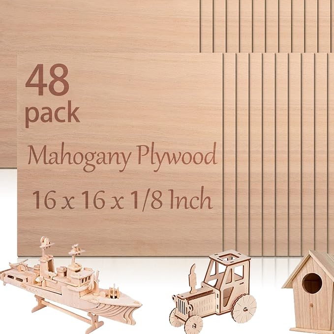 48 Pcs Mahogany Plywood Sheets,16 x 16 x 1/8 Inch - 3mm Thick Mahogany Unfinished Wood for Crafts Laser Cutting & Engraving, School DIY Projects, Painting, Fretwork, CNC Cutting, and Wood Burning by Vemkyrio