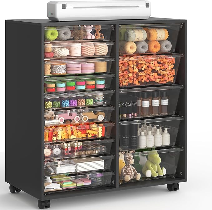 Mobile Storage Cabinet with 15 Clear Drawers, Craft Cabinet with 5 Large Drawers, Cart with Wooden Tabletop, Printer Stand Home Office, Dresser Chest, Modern Black by WOPITUESOfficial