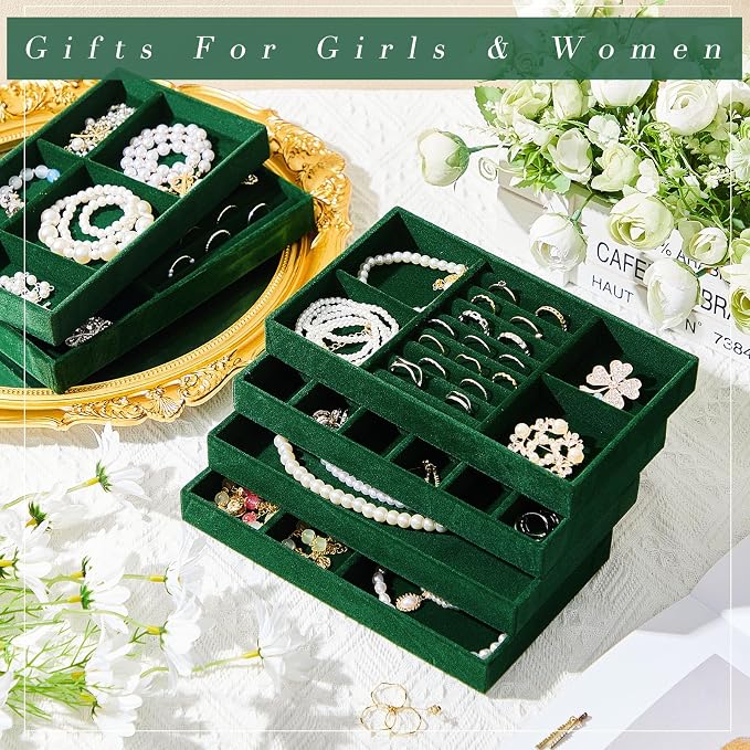 18 Pcs Jewelry Drawer Organizer Inserts, Stackable Jewelries Inserts for Dresser Drawers, Drawer Insert Organizers Velvet Jewelry Trays for Rings Earring Bangle Necklace(Dark Green) - Image 6