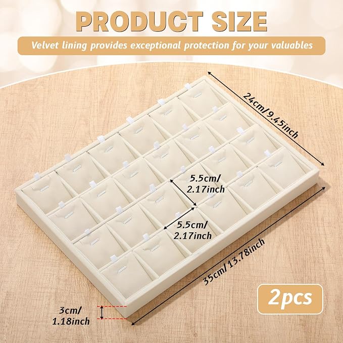 2 Pcs 24 Grid Stackable Jewelry Organizer Tray with Removable Dividers Ice Velvet Jewelry Display Showcase Tray for Necklace Earring Ring Bracelet Holder (Beige Velvet) - Image 2