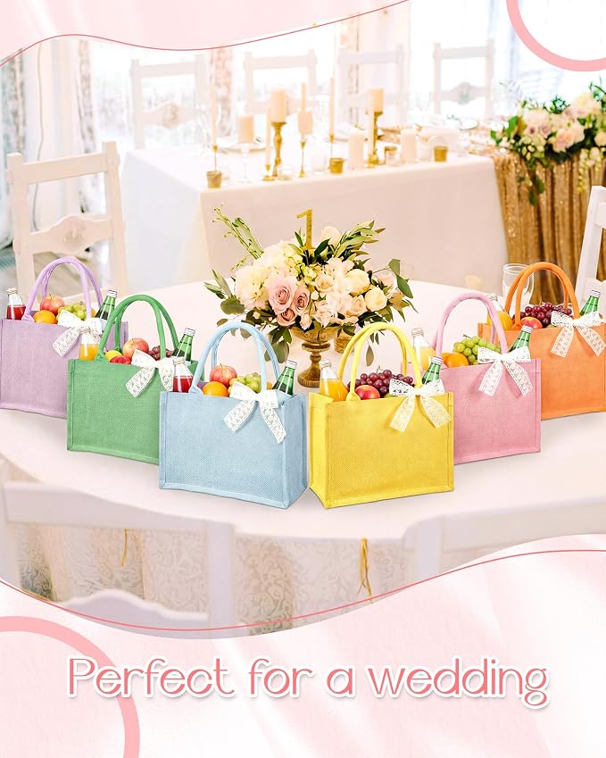 Burlap Tote Bag Mini Jute Reusable Bag with Handle Ribbon Small Blank Canvas Waterproof for Wedding Beach DIY Gift - Image 2