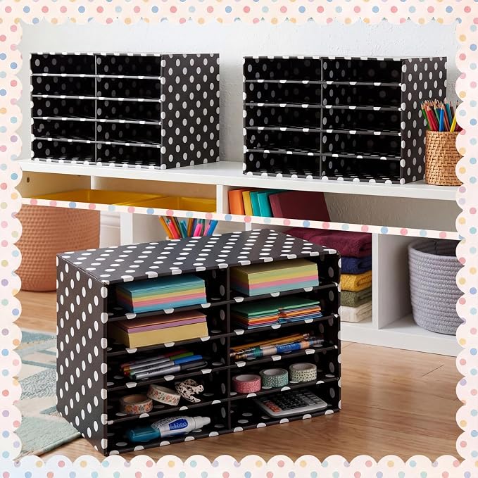 Eaasty 2 Pack 10 Slot Paper Storage Organizer, Back to School Construction Paper Holder for Office, Home, and School Use, 20.5 x 12.4 x 13.3 Inches(Polka Dots,Black) - Image 7
