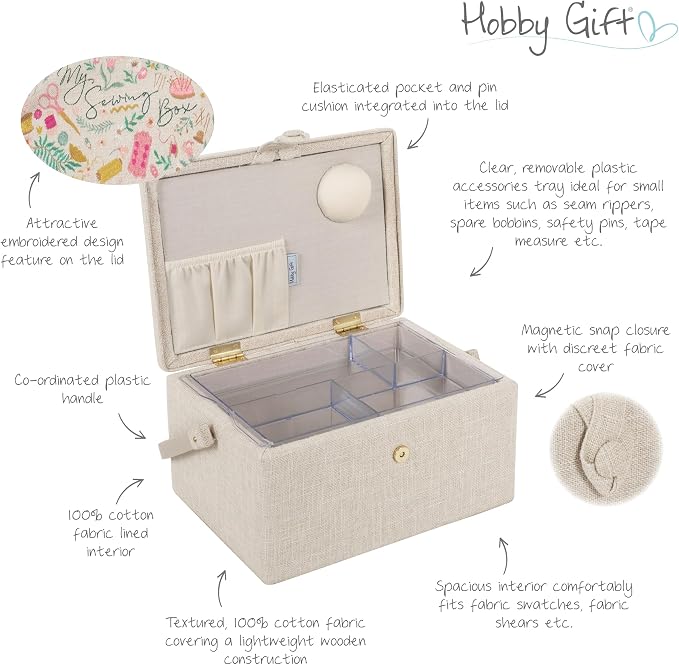 Hobby Gift Medium Sewing Box Organiser | Fabric Covered Storage Box, Handle, Internal Tray, Pin Cushion and Pocket, For Sewing, Quilting and Knitting Supplies - Image 2