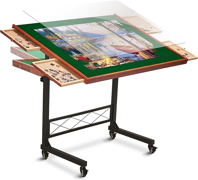 JoyBerri Jigsaw Puzzle Table with Drawers – Adjustable Height, All Ages | Portable puzzle station, for 1500 piece, 9 height levels, locking wheels, cover & bonus puzzle included - Image 4