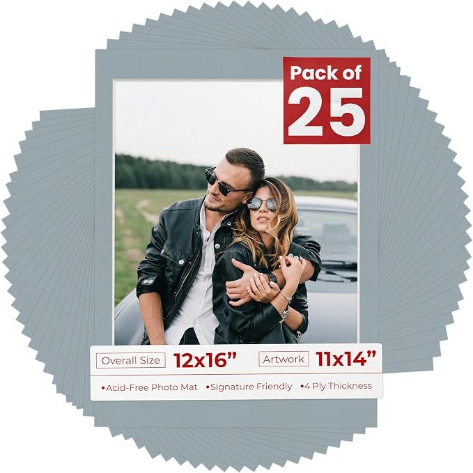 11x14 Mat for 12x16 Frame - Precut Mat Board Acid-Free Show Kit with Backing Board, and Clear Bags Metallic Silver 11x14 Photo Matte For a 12x16 Picture Frame Matboard for Framing, Pack of 25 Mats by PosterPalooza