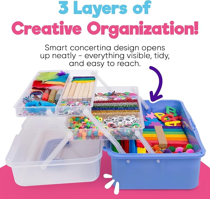 Blue Squid Arts & Crafts Box (Purple)- 2800+ pcs Deluxe Craft Supplies Box, 2 Drawers, 18 Compartments, Sturdy Handle - Art Crafting Kit Birthday Gifts for Kids, School Supply for Ages 4-12 - Image 2