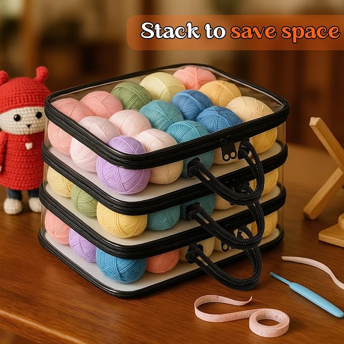 Shinylin 3 Pack Clear Yarn Storage Bags Bulk, 12 x 16 x 4 Inches Yarn Storage Organizer Tote Bag for Knitting Needles Crochet Hooks Wool Balls and Unfinished Project (Black) - Image 3