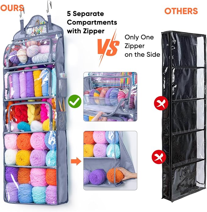 MYBAGZING Hanging Yarn Storage Organizer –Over-the-Door Crochet Organizer with Both Front and Side Zipper Closure -Large Capacity Clear Yarn Holder for Crochet Hooks, Knitting Needles & Accessories - Image 7