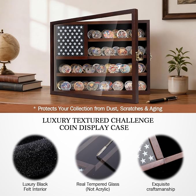 Walnut Colored Wooden America Flag Military Challenge Coin Display Case Holder，Challenge Coin Holder Display Case,15x11 Removable Star Board Hd Tempered Glass Door（Not Acrylic,Wall Mount. - Image 5