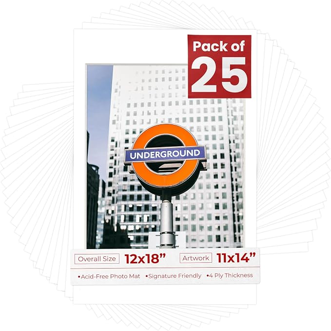 11x14 Mat for 12x18 Frame - Precut Mat Board Acid-Free Show Kit with Backing Board, and Clear Bags White 11x14 Photo Matte Made to Fit a 12x18 Picture Frame Matboard for Framing, Pack of 25 Mats by PosterPalooza