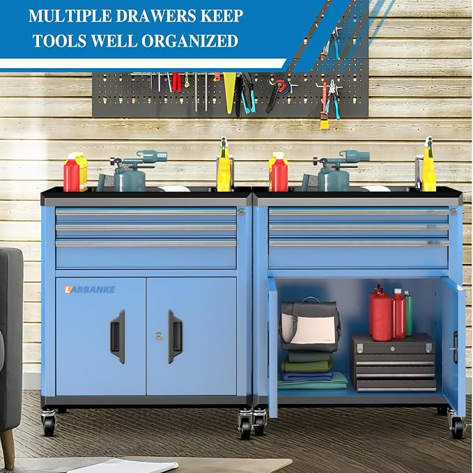 LARBANKE Rolling Tool Chest with Lock&Keys,360° Wheels and Drawer Liners,Tool Cabinet with 3 Drawers&2 Doors,Tool Cabinet Equipped with Connecting Rods for Stacking with 5&7-Drawer Chest - Image 2