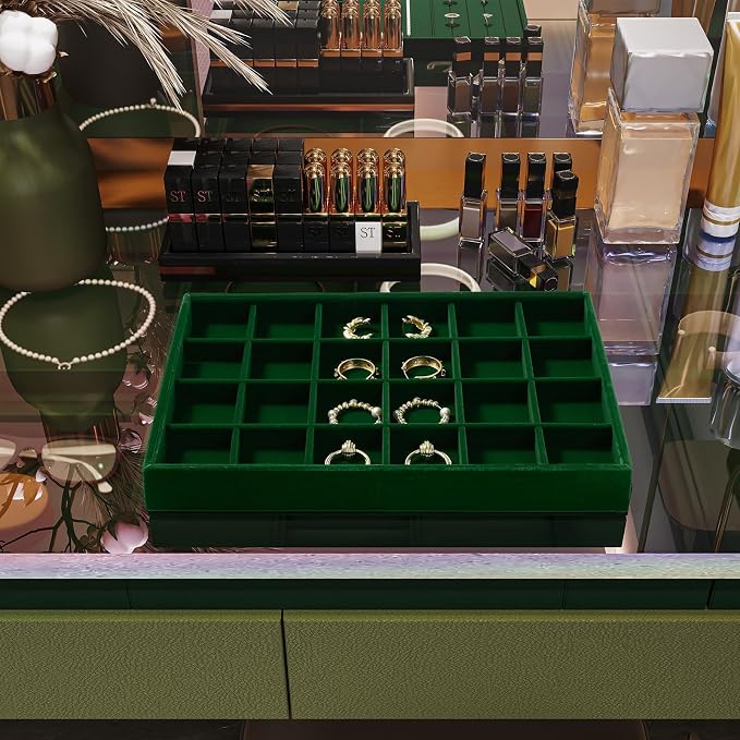 24-Grid Velvet Jewelry Tray for Ring & Earring Storage Green | 24 Compartments, Large Capacity, For Home & Commercial Use, Stackable - Image 9