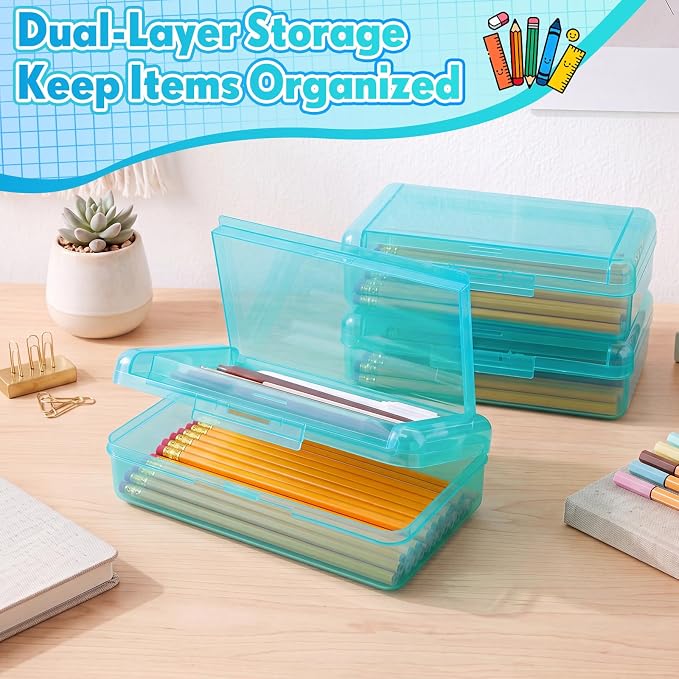 Blulu 6 Pack Double Layer Pencil Boxes Large Capacity,Teal | with Snap-tight Lid Plastic Pencil Cases Pen Storage 8 x 5 x 2 in for Back to School Supplies Stationery Donation Office Home - Image 3