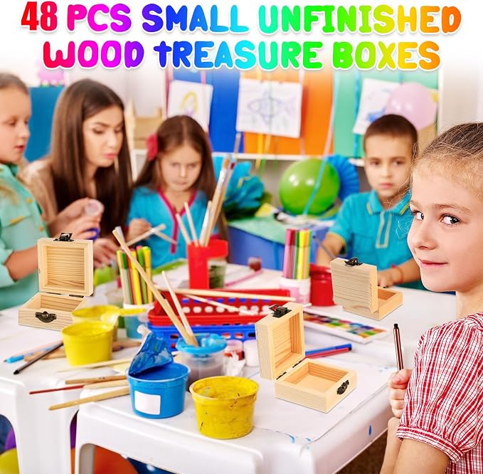 Sintuff 48 Pack Small Unfinished Wooden Boxes for Crafts 2.7 x 2.7 x 1.6 Inch Storage Treasure Chest with Hinged Lids Clasp Mini Pine Wood Jewelry Gift Boxes for DIY Bracelet Home Decorate Party Favor - Image 6