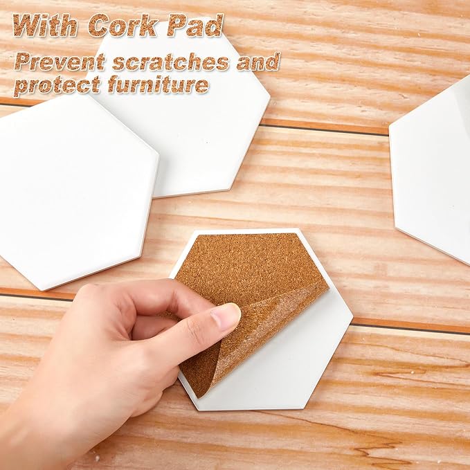 Zopeal 48 Pcs Ceramic Tiles for Crafts Coasters Include Unglazed White Ceramic Tiles with Cork Backing Pads Use with Alcohol Ink Acrylic Pouring for DIY Project Gift (Hexagon) - Image 5