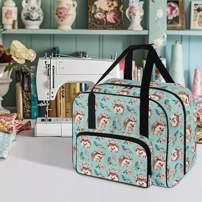 Sewing Machine Tote Bag Large Capacity Appliance Dust Storage Bag Versatile Travel Carrier Bag Portable Sewing Machine Organizer Bag, Hedgehog Flower Leaf Teal - Image 2
