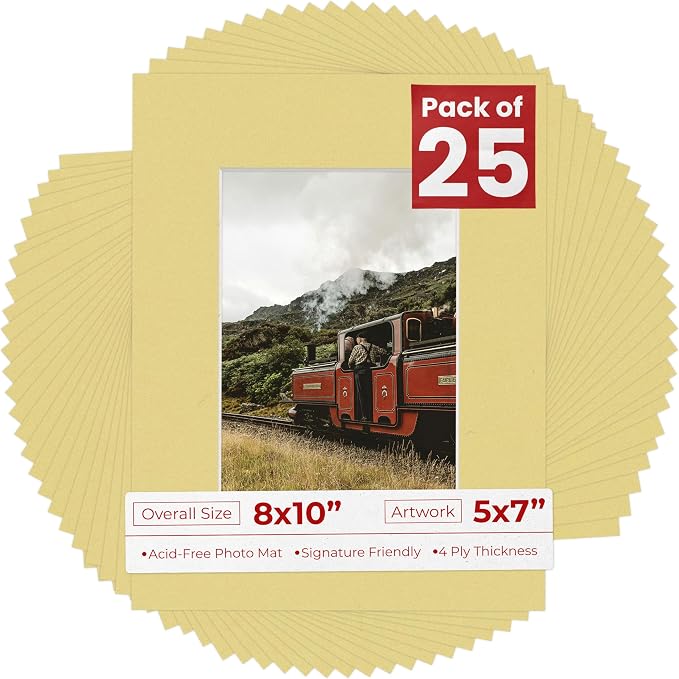 5x7 Mat for 8x10 Frame - Precut Mat Board Acid-Free Show Kit with Backing Board, and Clear Bags Soft Yellow 5x7 Photo Matte Made to Fit a 8x10 Picture Frame Matboard for Framing, Pack of 25 Mats by PosterPalooza