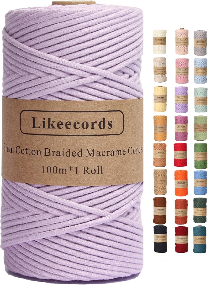 Braided Cotton Cord 3mm×109 Yards Natural Macrame Cotton Cord Bohemia Macrame Rope for Handmade Plant Hangers Wall (Lilac) by Likeecords