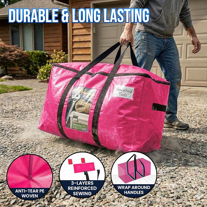 TAILI 10 Pack Pink Extra Large Moving Bags,Storage Bags with Visible Window | 93L Heavy Duty Totes For Home Storage,Wrap Around Handles,Alternative to Moving Boxes, College Dorm,Perfect for Moving - Image 3