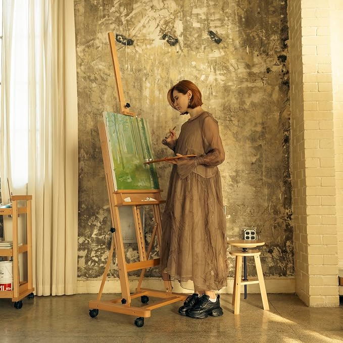 MEEDEN Large Studio H-Frame Beech Wood Artist Easel - Adjustable Movable Tilting Easel, Floor Painting Easel Stand, Holds Canvas Art up to 48" - Image 7