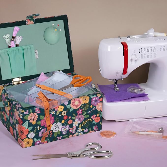 Hobby Gift Medium Sewing Box Organiser, Fabric Covered Storage Box with Handle, Internal Tray, Pin Cushion and Pocket for Sewing, Quilting and Knitting Supplies - Image 7
