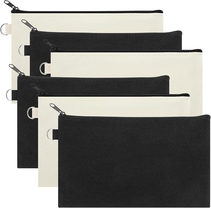 Muka 6 Pack Canvas Zipper Pouch Cosmetic Makeup Bag Travel Toiletry - Natural & Black by Muka