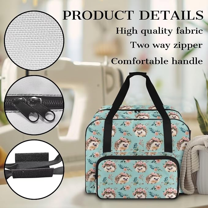 Sewing Machine Tote Bag Large Capacity Appliance Dust Storage Bag Versatile Travel Carrier Bag Portable Sewing Machine Organizer Bag, Hedgehog Flower Leaf Teal - Image 5