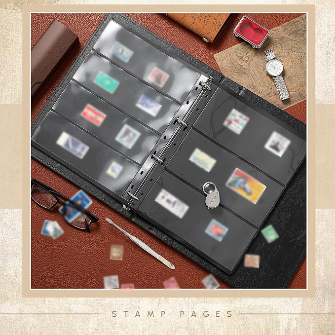 Stamp Collecting Album Binder Kit for Collectors, 1/2/3/4 Rows Banknotes Storage Book with 20 Stamp Pages, 4 Ring Binder, Tweezers and Magnifier, for Paper Money Bill Postage, Beginner Hobbyists Gift - Image 6