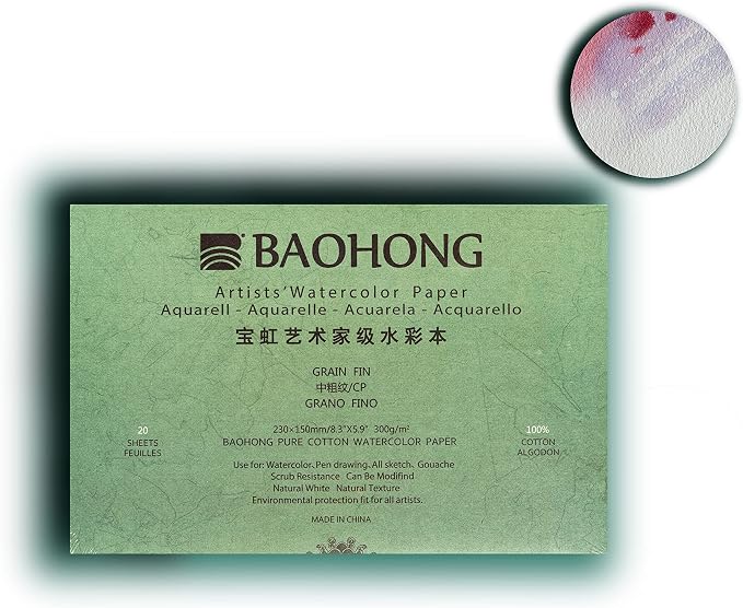 BAOHONG Artists' Watercolor Paper Block (20 Sheets, glued on Four Edges), 100% Cotton, Acid-Free, 140LB/300GSM, Watercolor Art Supplies for Wet, Dry, and Mixed Media Painting (Cold Press 8.3"X5.9") - Image 2