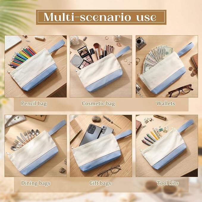 Sanwuta 24 Pcs Canvas Tote Bags Bulk with Outer Pocket and Makeup Pouch 18'' Reusable Grocery Bags with Handles for Women Beach DIY (Boho) - Image 5