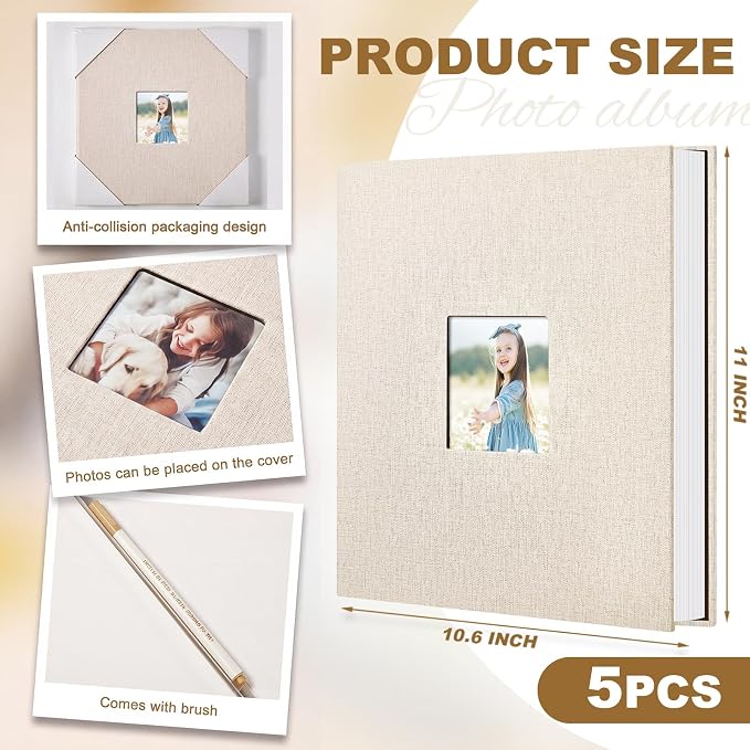 Jetec 5 Pcs 11 x 10.6 Inch Large Photo Album Self Adhesive, Beige | 40 Blank Pages, Photo Scrapbook, DIY Linen Cover Album with 5 Pcs Metallic Pen, Wedding Family Baby Travel Memory Pictures - Image 2