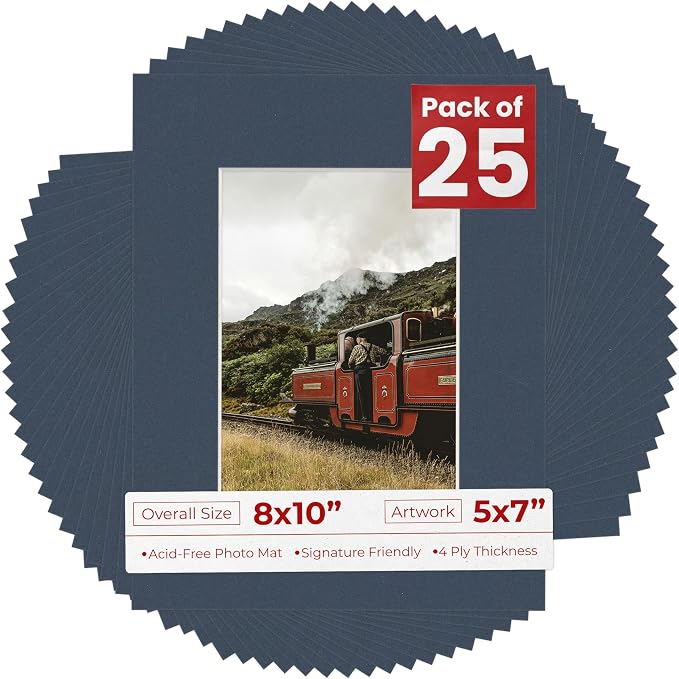 5x7 Mat for 8x10 Frame - Precut Mat Board Acid-Free Show Kit with Backing Board, and Clear Bags Navy 5x7 Photo Matte Made to Fit a 8x10 Picture Frame Matboard for Framing, Pack of 25 Mats by PosterPalooza