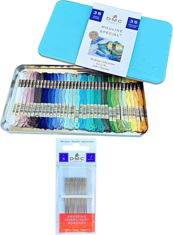 DMC Embroidery Floss, 35 Colors Scenic Tin Bundle with Hand Needles Size 5. | 35 DMC Cotton Embroidery Thread Assortment Pack Cross Stitch Supplies,Yarn Set, Premium String, Threads Kit, 8.7 Yard. by CharmingMelodie