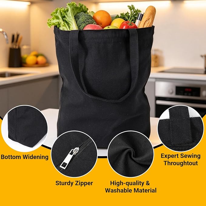 Segarty 6 Pcs 15x16x3.9in Reusable Totebags with Zipper & Shoulder Straps, Washable & Sturdy Grocery Tote Bags Foldable for Travel Beach Shopping, Blank Cloth Bags for Crafting Painting Embroidery DIY - Image 4