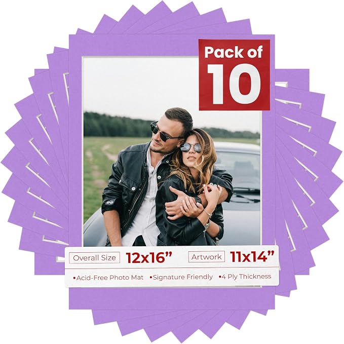 11x14 Mat for 12x16 Frame - Precut Mat Board Acid-Free Show Kit with Backing Board, and Clear Bags Light Purple 11x14 Photo Matte For a 12x16 Picture Frame Matboard for Framing, Pack of 10 Mats by PosterPalooza