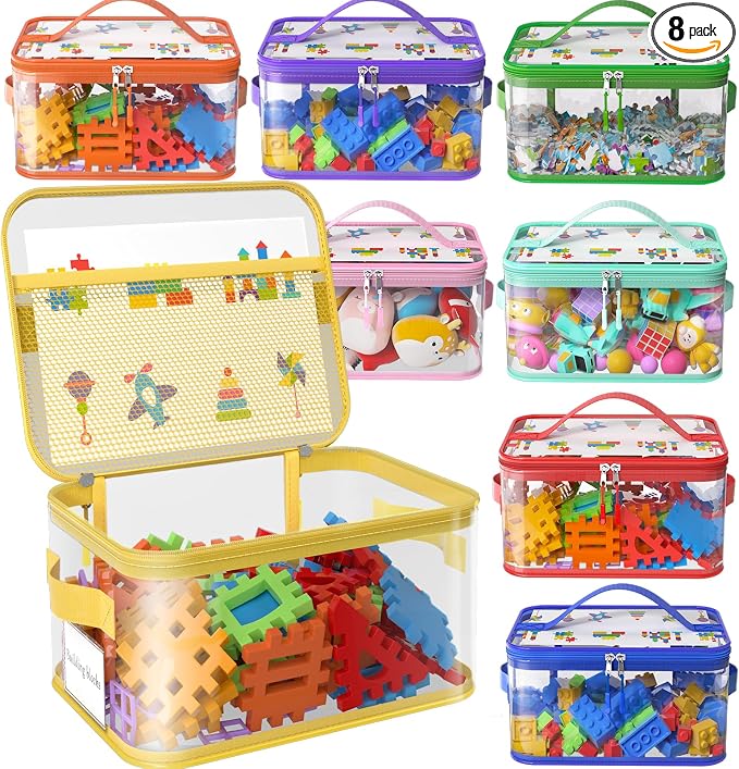 8 Pack Large Clear Toy Storage Bags with Labels, Handles, Zippers XL | Large Capacity, Transparent PVC, Waterproof Dustproof, Space-saving, Portability for Building Blocks, Puzzle, Dolls, Travel by Shcsdr